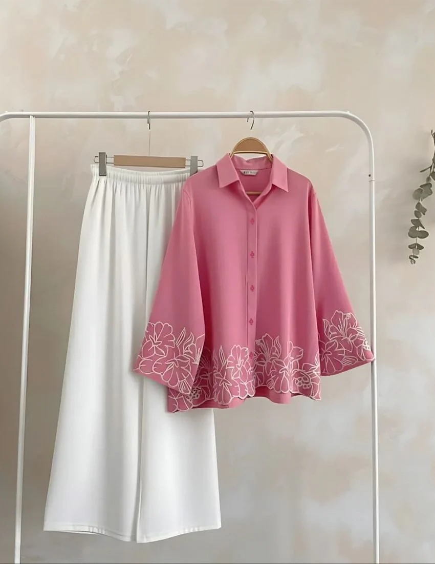 Rose Pink Top With White Palazzo Coord Set