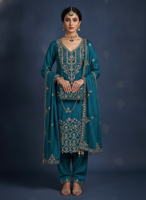 Teal Blue Embroidered Suit Set with Dupatta